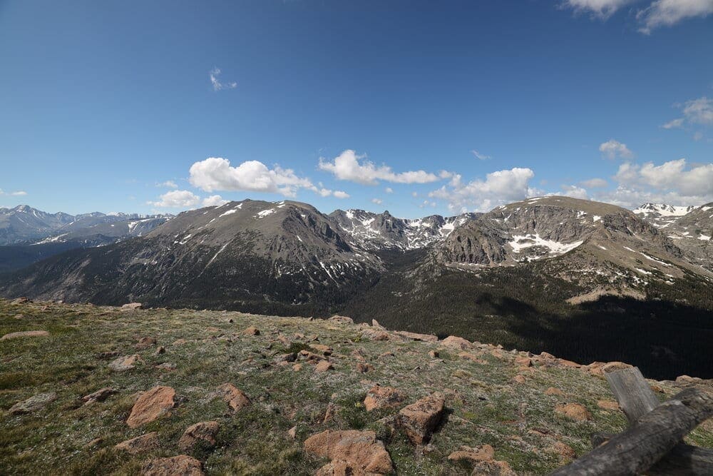 View looking across the Thompson River Valley to the southwest towards Terra Tomah Mountain (12,718 feet) from the Forest Canyon Overlook on Trail Ridge Road in Rocky Mountain National Park, Colorado.