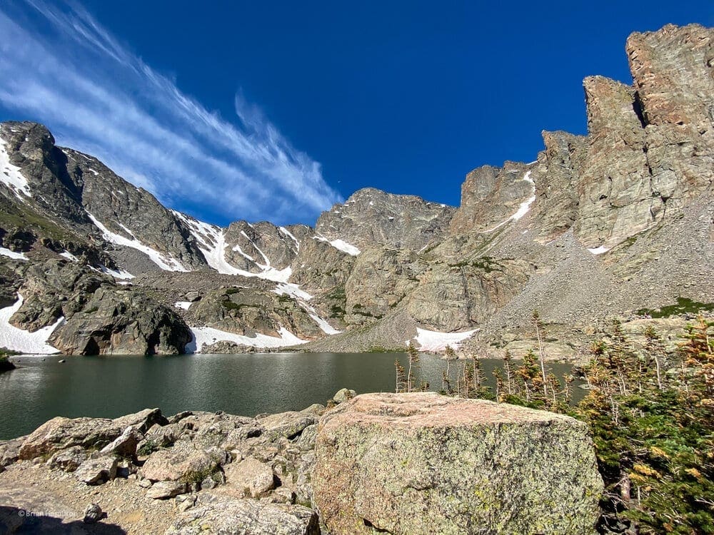 Photo 19. Sky Pond view with Taylor Peak front and center, Sharkstooth to the right. Photo by Brian Hamilton.