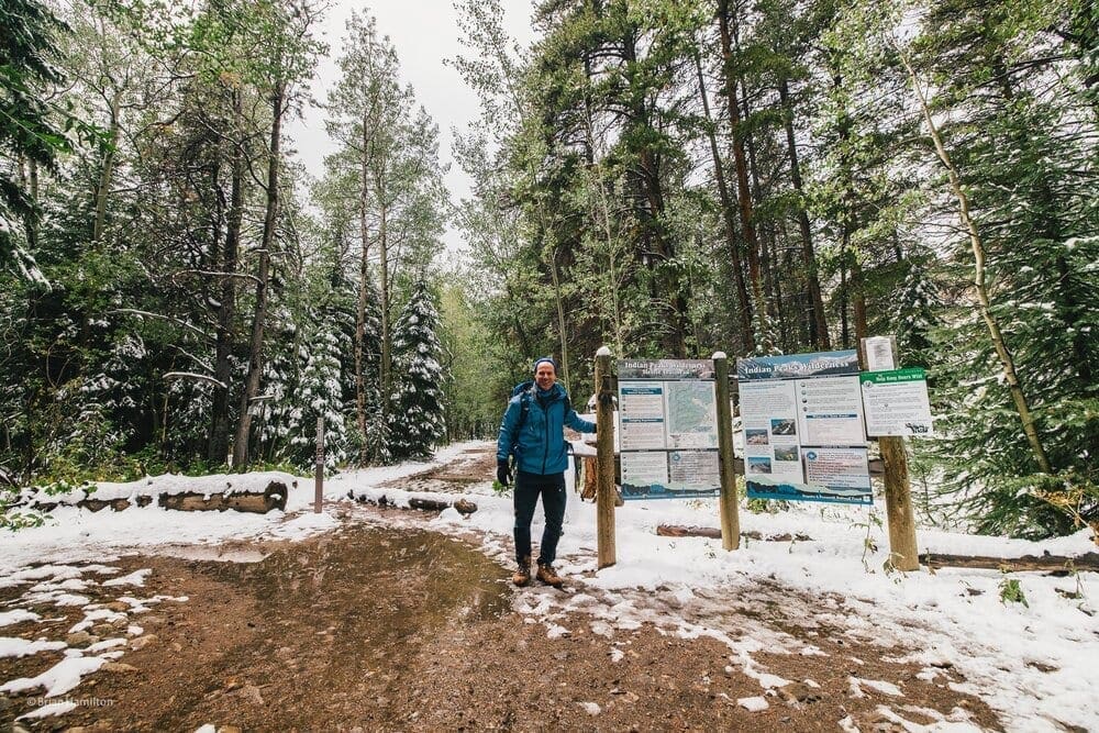 Brian Hamilton at the Hessie Trailhead just after a late summer snow storm in early September 2020.