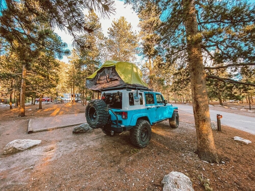 Skyblue Overland’s Roof Top Tent open at Rocky Mountain National Park, Colorado.