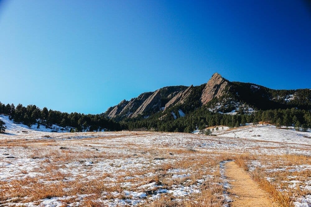 Photo of the first, second and third flatirons in Boulder, Colorado’s Chautauqua Park, using a Canon EOS R5 and RF 28-70mm F2 L USM lens rented from LensRentals.com in December 2020. Photo by Brian Hamilton
