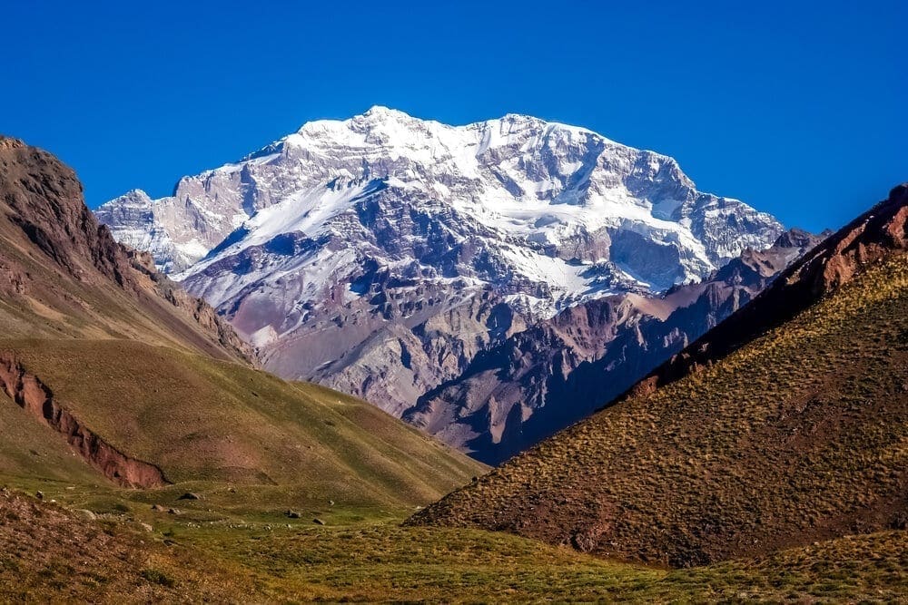 Majestic peak of Aconcagua (elevation: 6,960 meters, 22,837 feet), one of the world’s seven summits, is the tallest mountain in the world outside of Asia.
