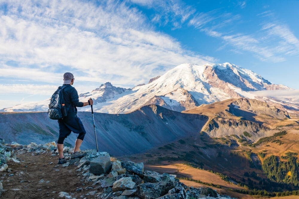 A hiker enjoying the views of Mount Rainier National Park, Washington.