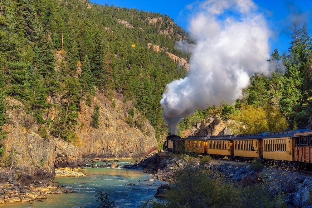 The Durango and Silverton Narrow Gauge Railroad once carried precious metals, but now carries passengers between Durango and Silverton, Colorado.