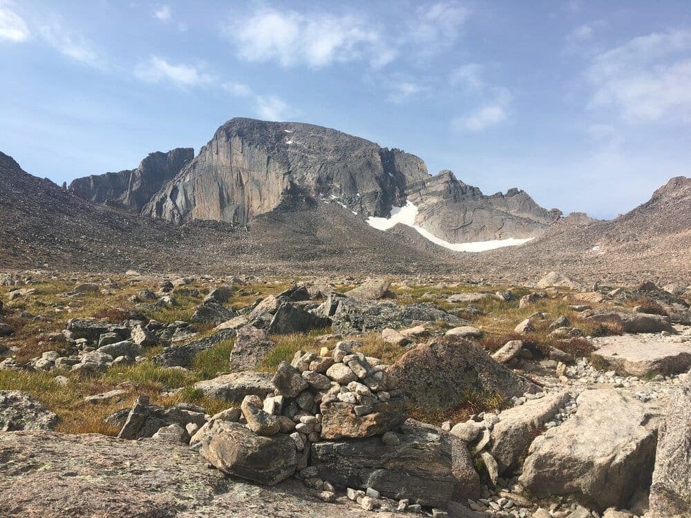 Looking southwest across the Boulder Field towards Longs Peak. The famous Keyhole is seen on the right side of the photograph at the top of the ridge.