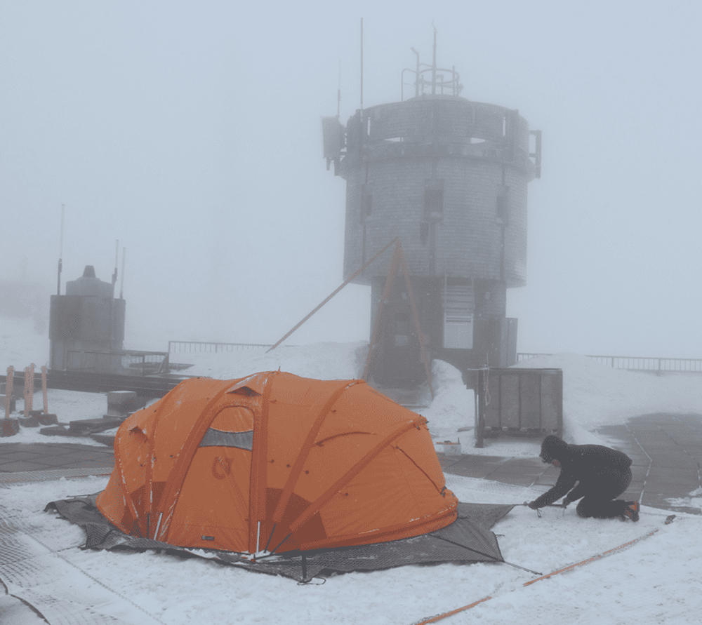 Nemo equipment tests their tents a the Mount Washington Weather Observatory, which are some of the the most extreme weather conditions on the planet. Photo courtesy of Nemo Equipment.