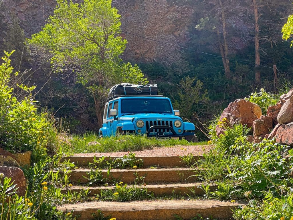 Photo 10/109: The Skyblue Overland Jeep at one of the few trailheads in Eldorado Canyon State Park.