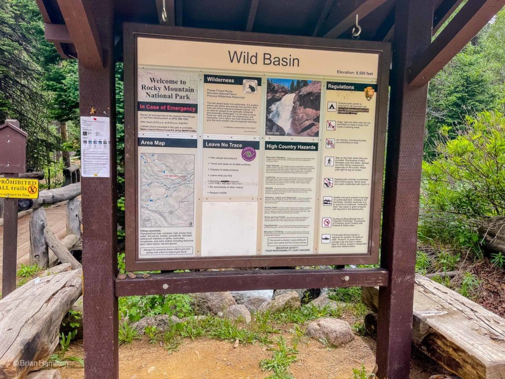 The Wild Basin Trailhead sign.
