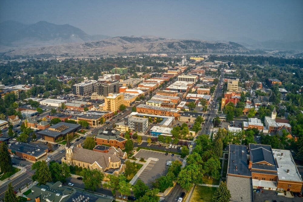 Aerial view of downtown Bozeman, Montana in Summer.