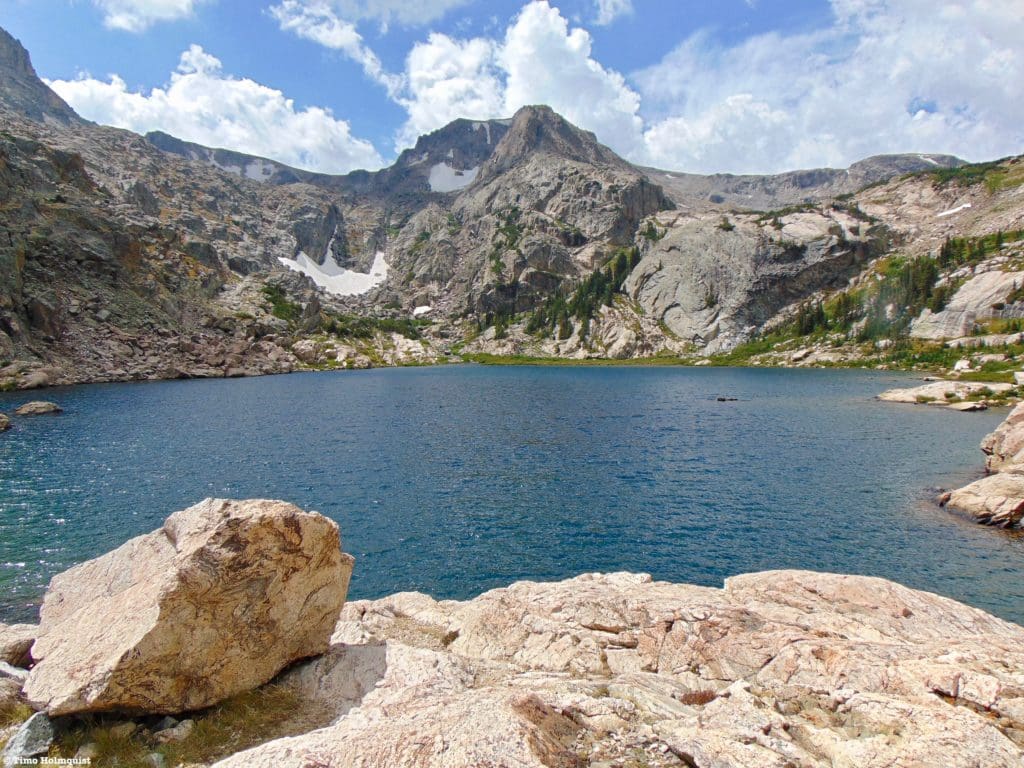 Bluebird Lake with Ouzel Peak in the background.