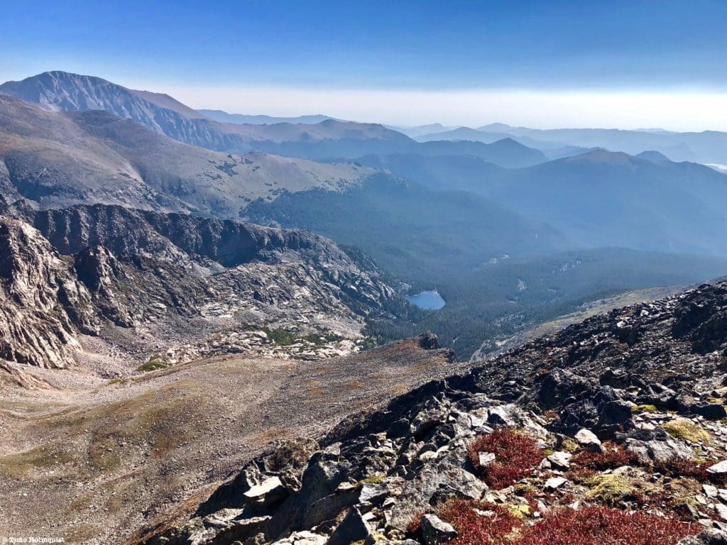 Ypsilon Lake and the striated Donner Ridge of Mt. Ypsilon from the summit of Chiquita.
