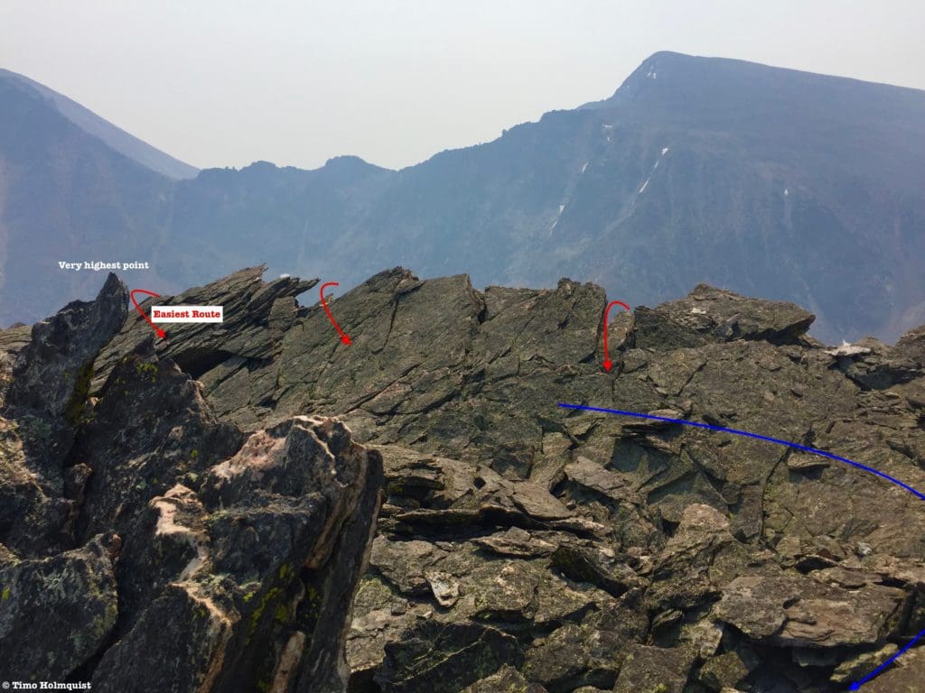 Looking at the tops of multiple Class 3 gullies you can use to get to the summit plateau.