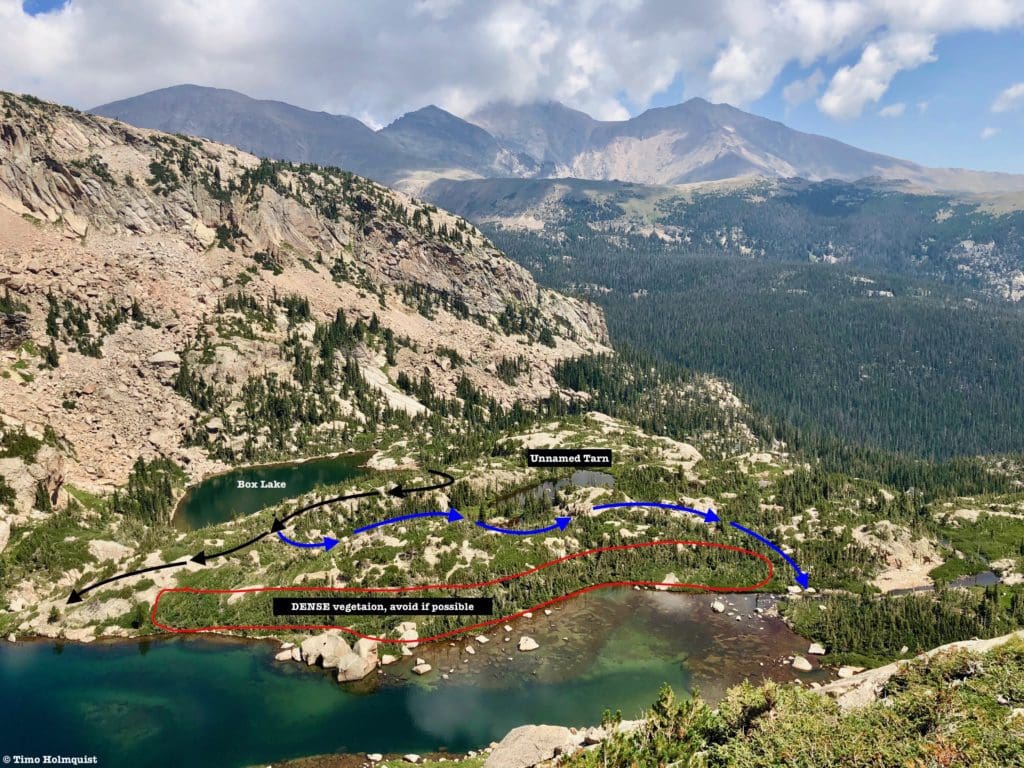 The route options from above. Black lines=cairned route to Eagle Lake shore. Blue arrows=the path of least resistance to cross over to the southern shore of Eagle Lake. Red=what you want to avoid. All arrows are approximated.