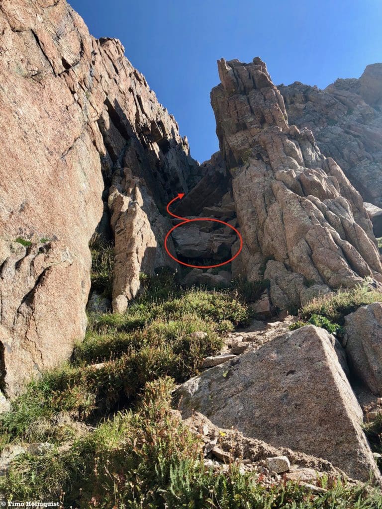 The gully you want. The lower crux is circled.