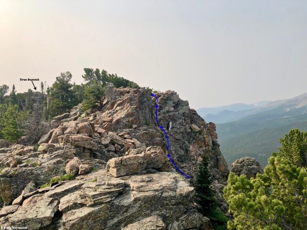 Looking at the standard route up the rock. The perspective here makes it seem steeper than it is. This option goes at Class 2+
