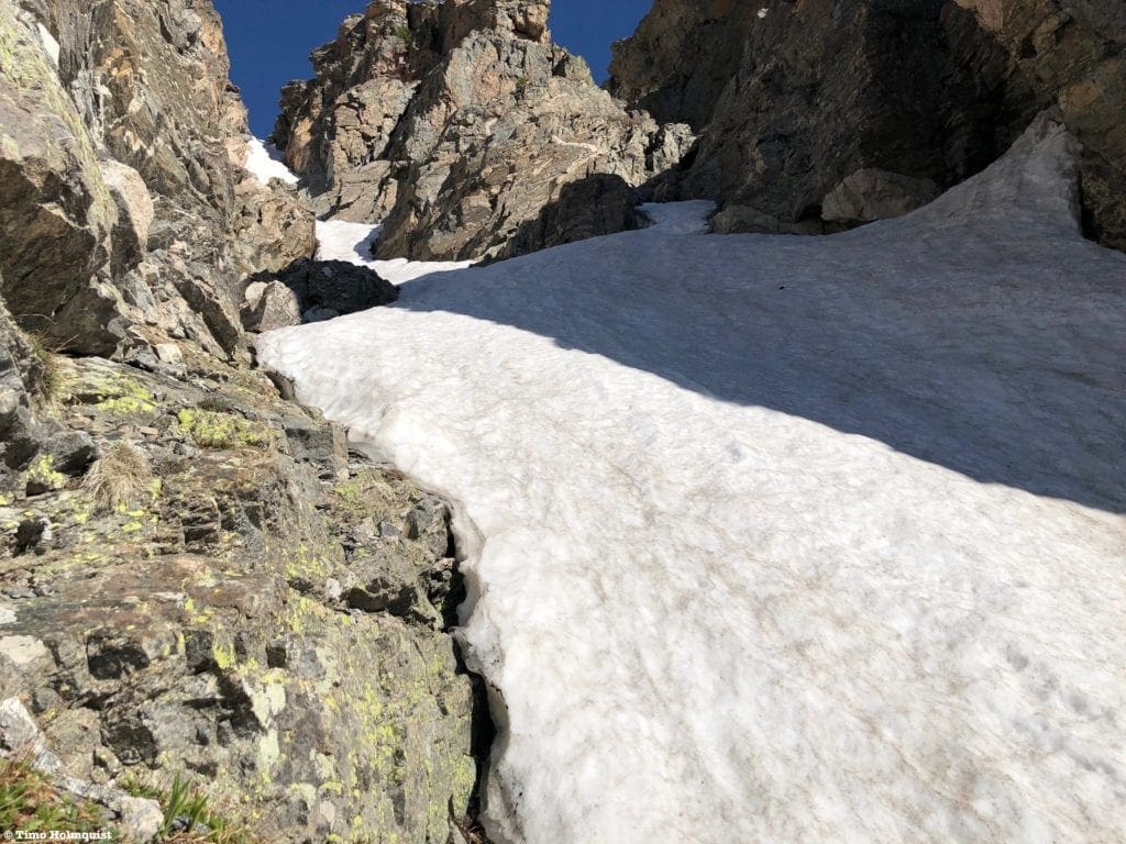 Hallett 26: Looking up the couloir. The slope angle here is between 40-45 degrees.