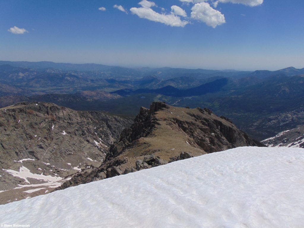 Hallett 36: From the top of the snowfield, looking back at your route once you clear the button rocks.