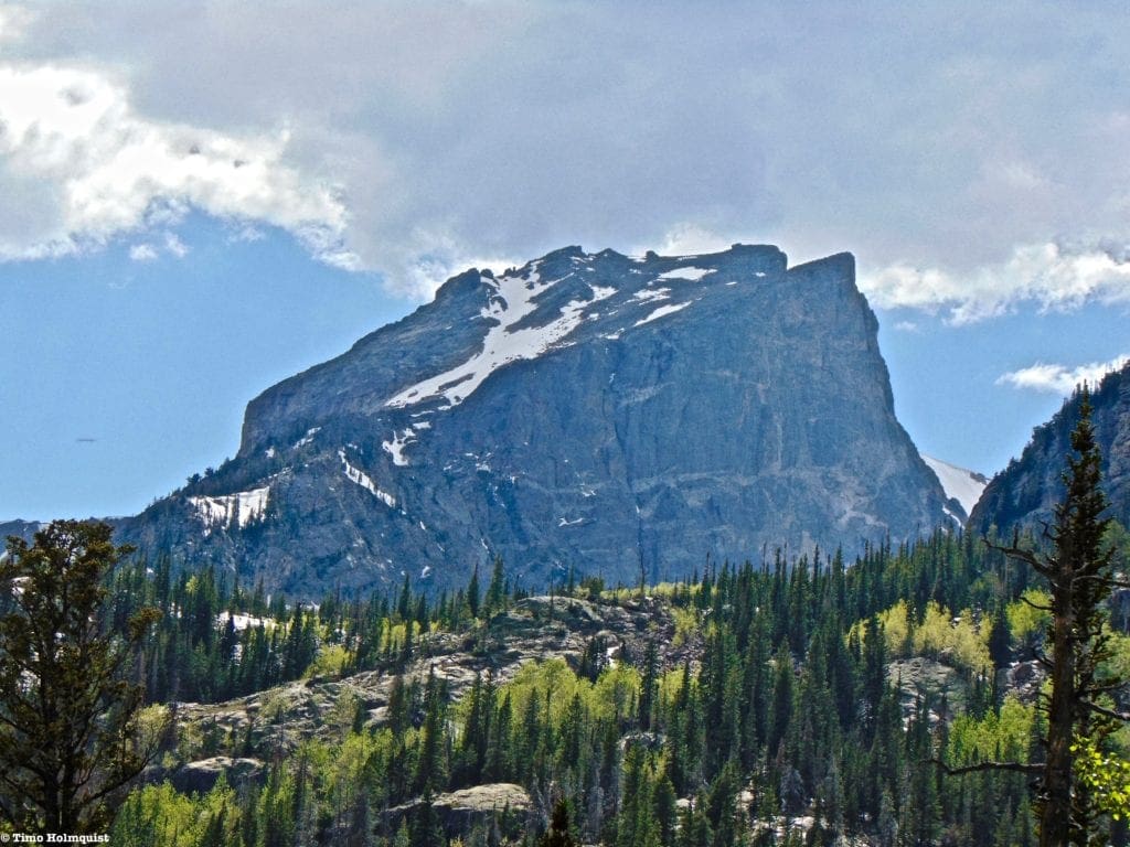 Hallett 5: The blocky and imposing view of Hallett Peak's East Ridge from Bear Lake.