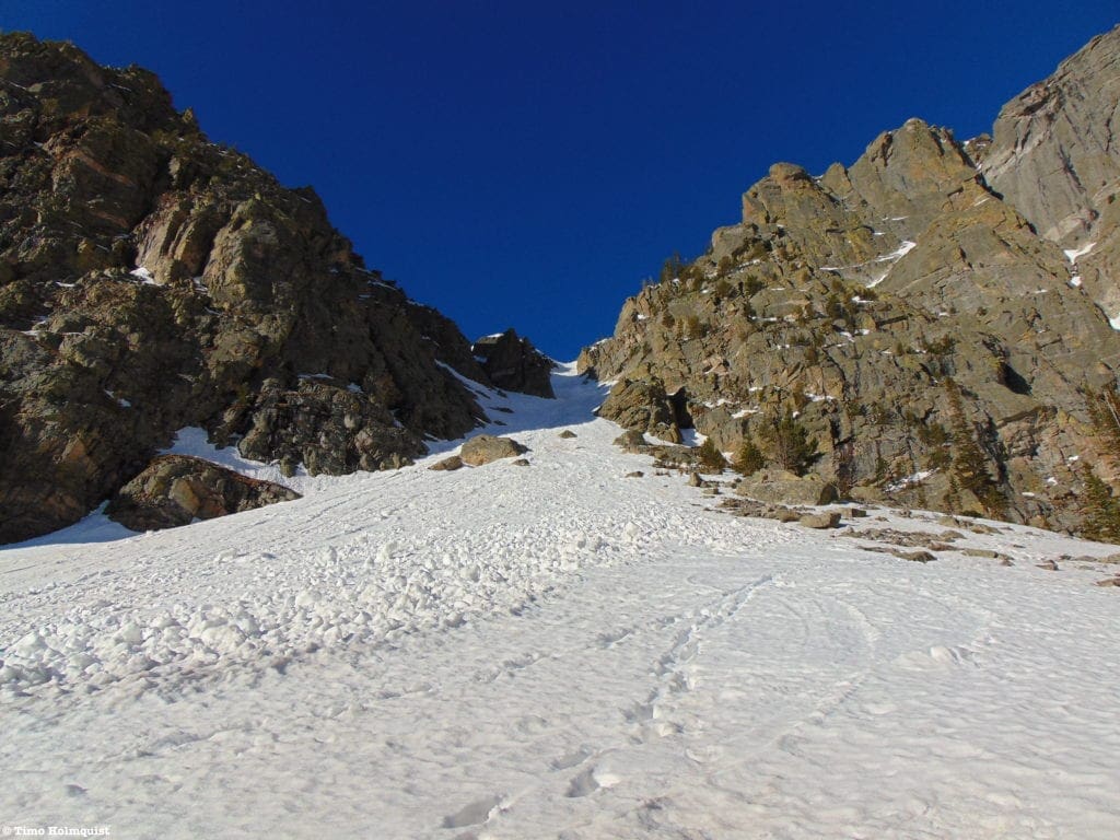 Hallett 7: Looking up the East Couloir from above Emerald Lake, with Hallett Peak's Eastern Walls rising to the right.