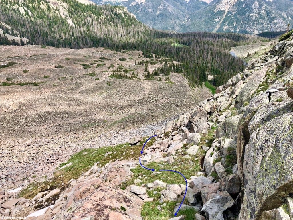 Beyond the first ramp. If your path trends into scrambling territory, stop and reevaluate.