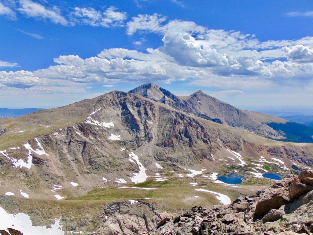 Snowbank Lake (L.) and Lion Lake #2 (R.) from near the summit of Mt. Alice.