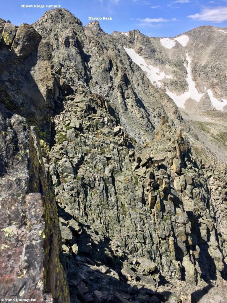 Typical terrain off the northern side of Niwot Ridge with the summit marked.