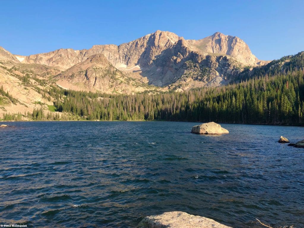 The beautiful Thunder Lake with towering Mt. Alice behind it on a clear July day.