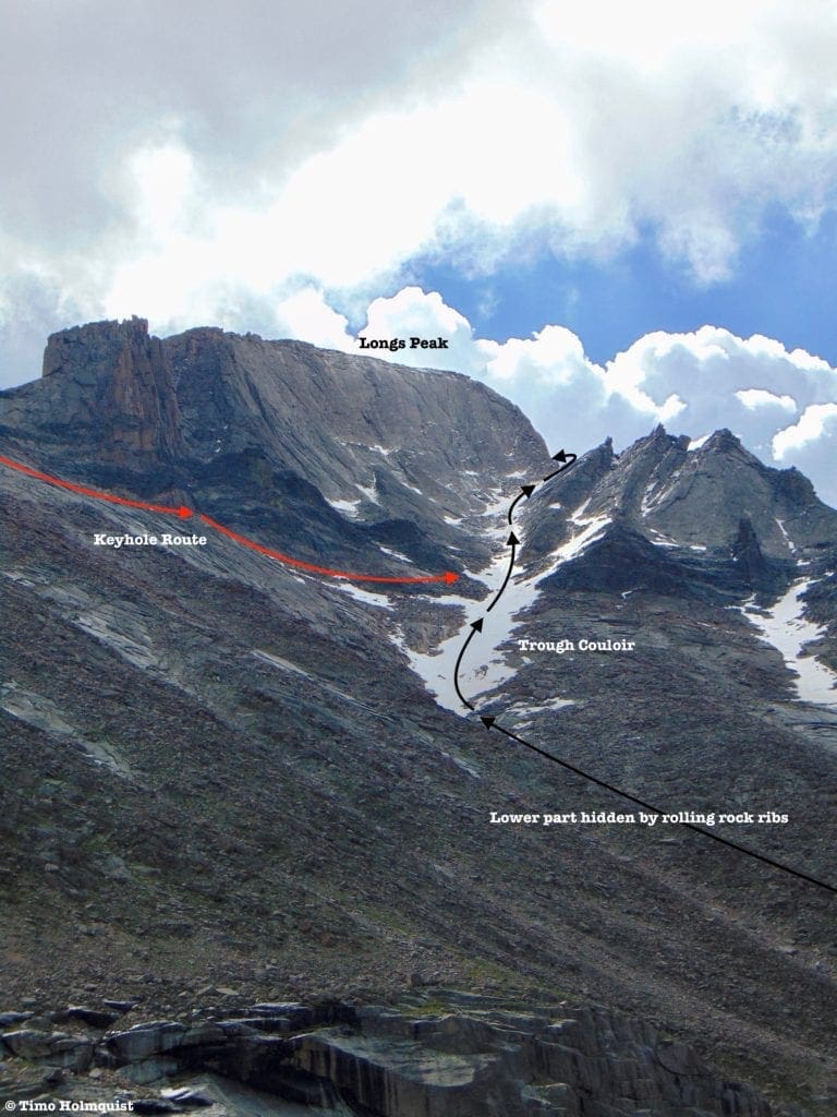 The upper section of the Trough Couloir from the shelf above Black Lake.