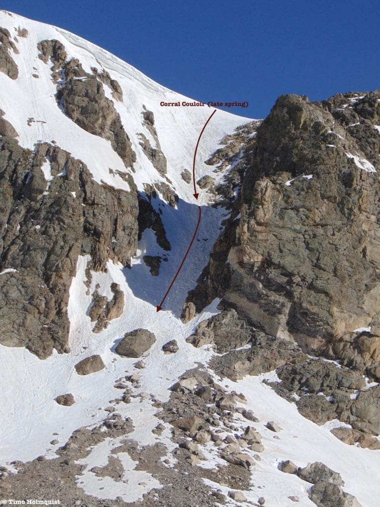 Corral Couloir in late spring conditions from Tyndall Gorge.