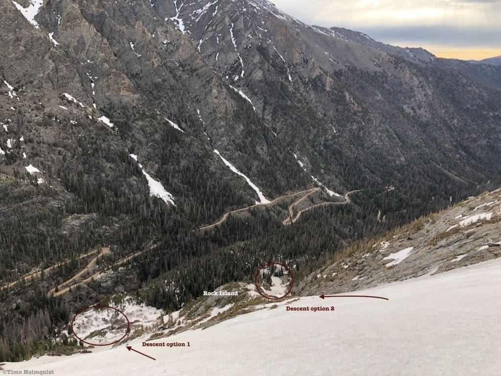 Looking down to the end of the run. There are two descent options separated by a large rock island. This whole area is a slide risk in unstable conditions.